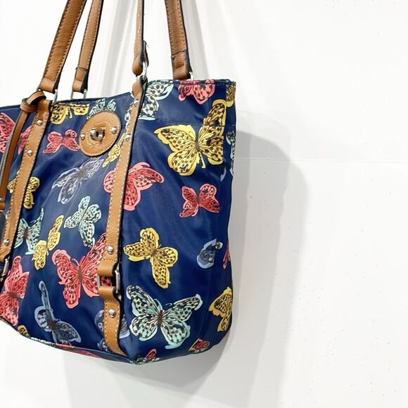 Franco Sarto handbag Navy butterfly print Water resistant Tote Bag Twist Clasp - Picture 5 of 12